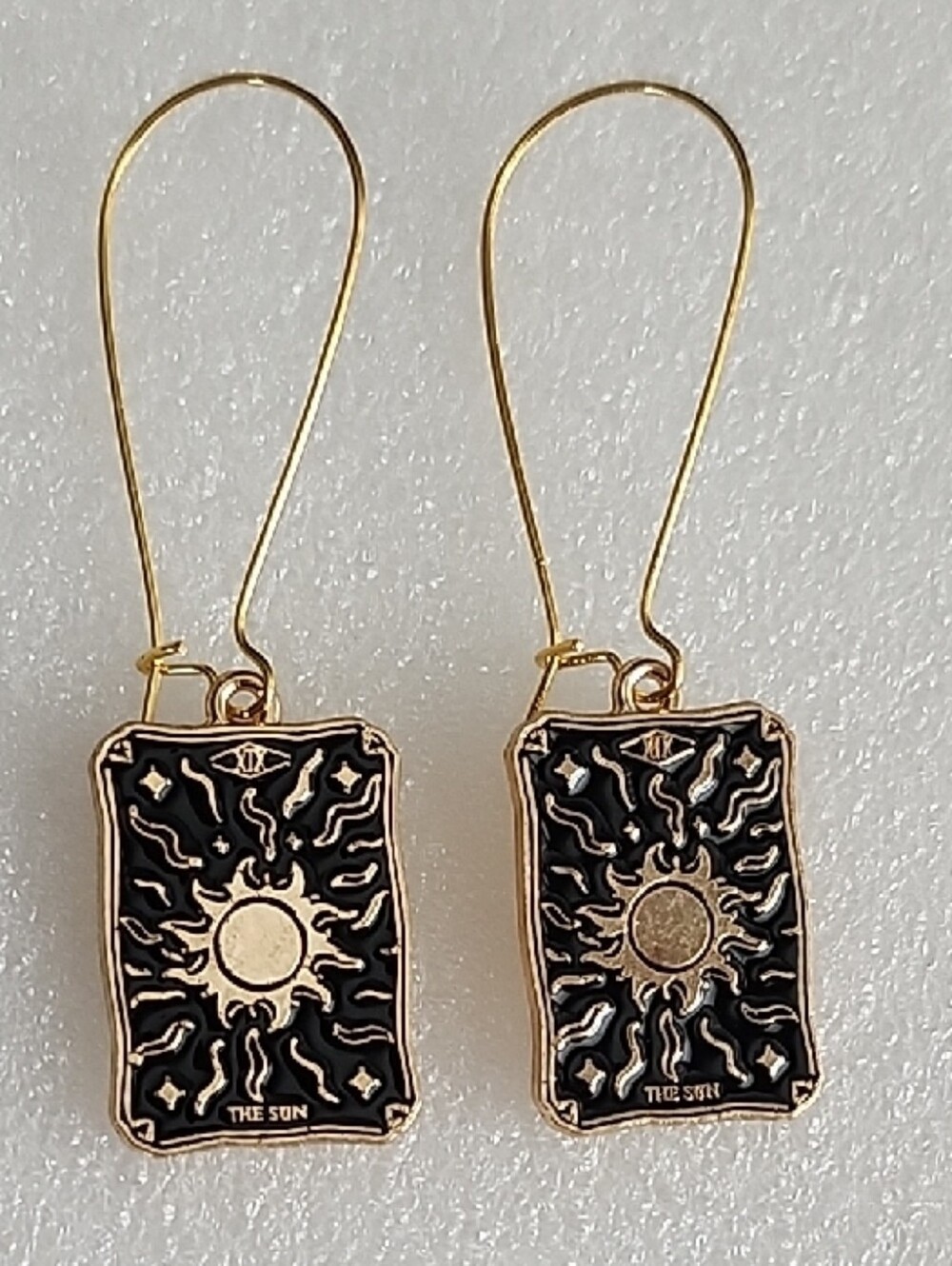 Hand Crafted Gold and Black Sun Tarot Card Drop Earrings